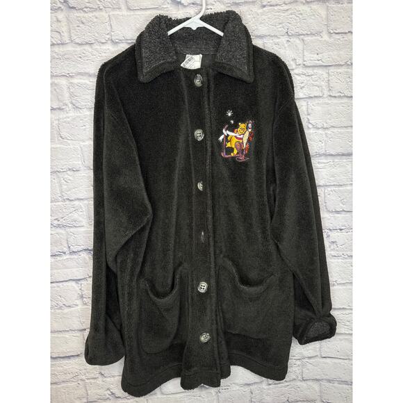 Disney Store Grey Fleece Button Up Jacket Winnie the Pooh & Tigger Skiing Large - Picture 1 of 4